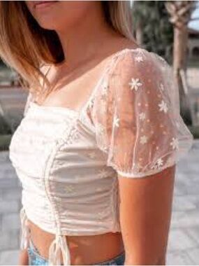 Altar'd State Yellow and Cream Ruched Tie-Front Blouse with Floral Mesh NWT